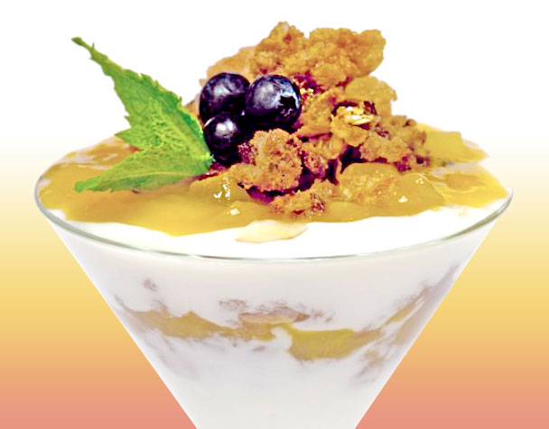 Fruit Bread Crumble with Peach, Mango & Passionfruit Compote - Barker's Professional