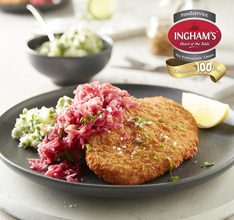 Ingham's Chicken Schnitzel with Pea mash and red cabbage sauerkraut