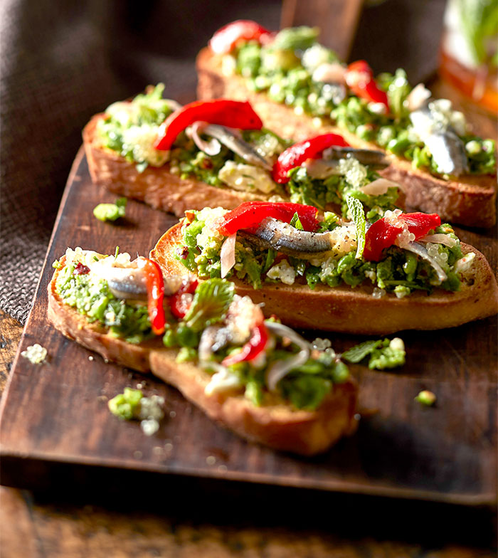 Tip Top Foodservice - CIABATTA Garlic SLICES White Anchovy and Pea Bruschetta