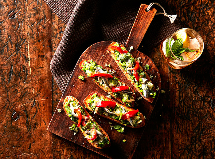 Tip Top Foodservice - CIABATTA Garlic SLICES White Anchovy and Pea Bruschetta